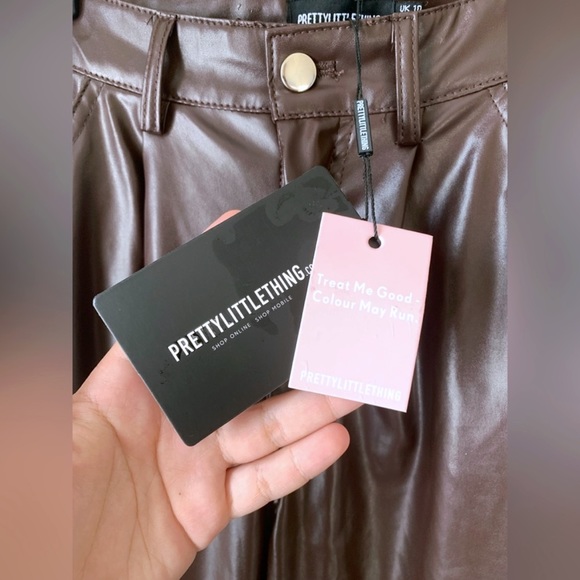 PrettyLittleThing Faux Leather Chocolate Brown Trousers, Size 10 BNWT - Picture 4 of 5